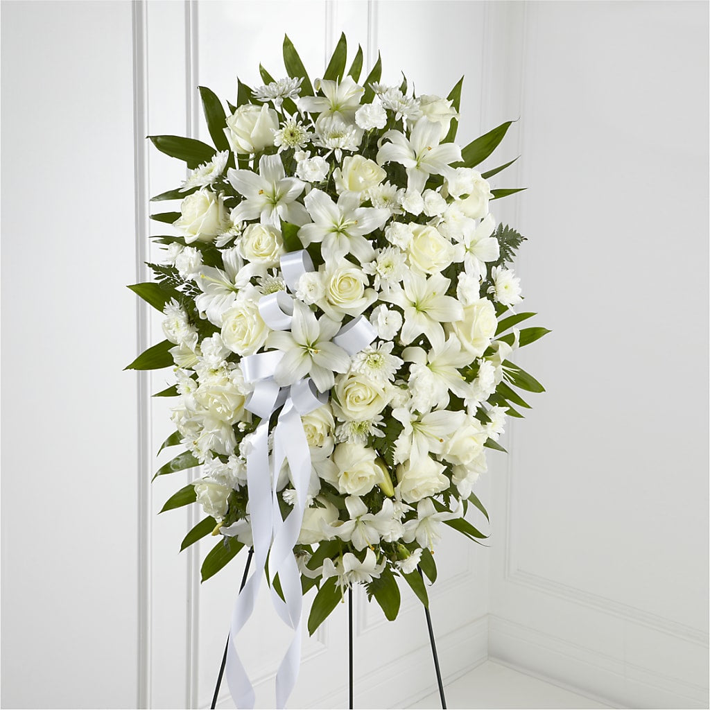 Exquisite Tribute Standing Spray-White Ribbon – Flowers By Jerry, Rochester MN