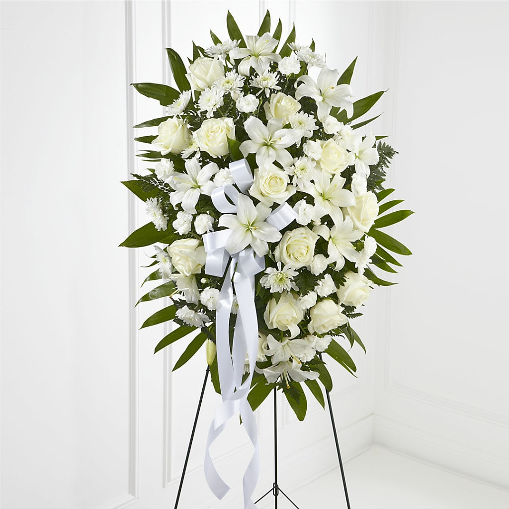 Exquisite Tribute Standing Spray-White Ribbon – Flowers By Jerry, Rochester MN